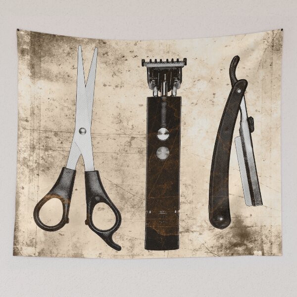 Item preview, Brown-tinted Vintage Barber Tools Shears Clipper and Razor designed and sold by Ghoul Enterprises.