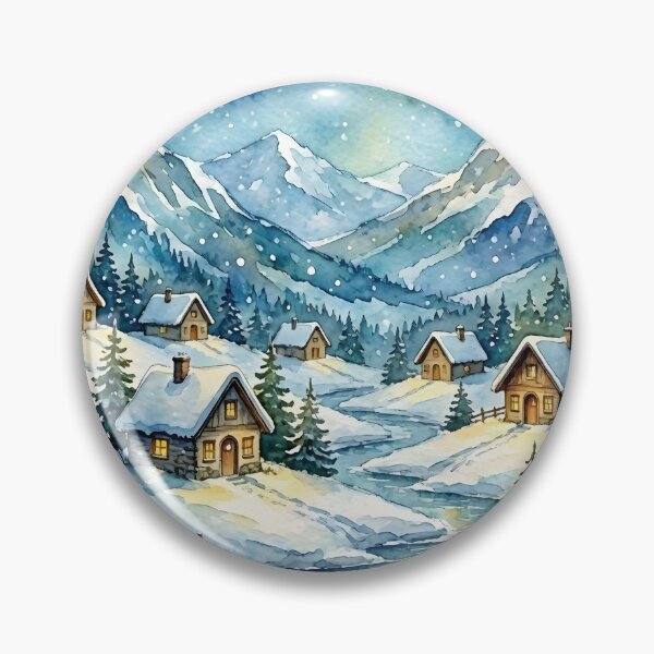 Item preview, Winter Mountain Village Cottage Art Snowy Alpine Houses Starry Night Watercolor designed and sold by Connys Colorful World.