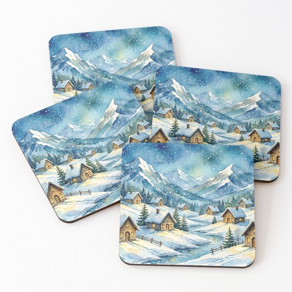 Item preview, Winter Mountain Village Cottage Art Snowy Alpine Houses Starry Night Watercolor designed and sold by Connys Colorful World.