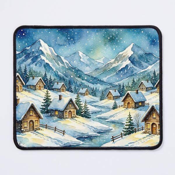 Item preview, Winter Mountain Village Cottage Art Snowy Alpine Houses Starry Night Watercolor designed and sold by Connys Colorful World.