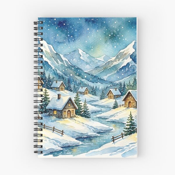 Item preview, Winter Mountain Village Cottage Art Snowy Alpine Houses Starry Night Watercolor designed and sold by Connys Colorful World.