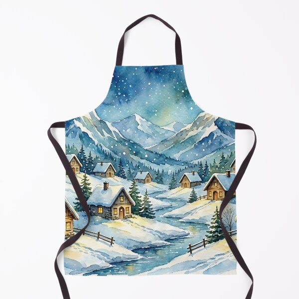 Item preview, Winter Mountain Village Cottage Art Snowy Alpine Houses Starry Night Watercolor designed and sold by Connys Colorful World.