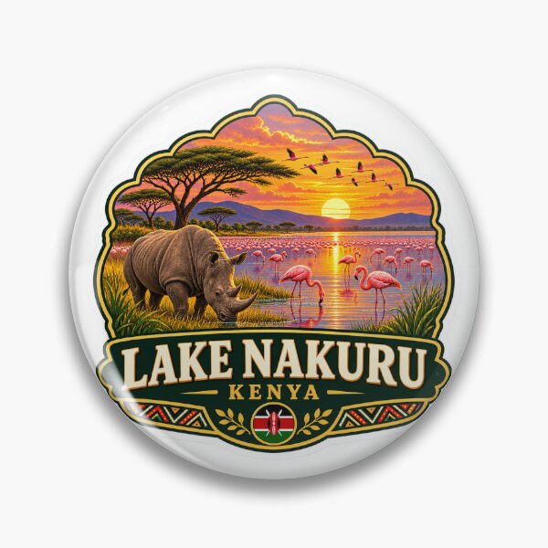 Item preview, Lake Nakuru Kenya Flamingos and Rhino Vintage Travel Badge designed and sold by ChicClicker.