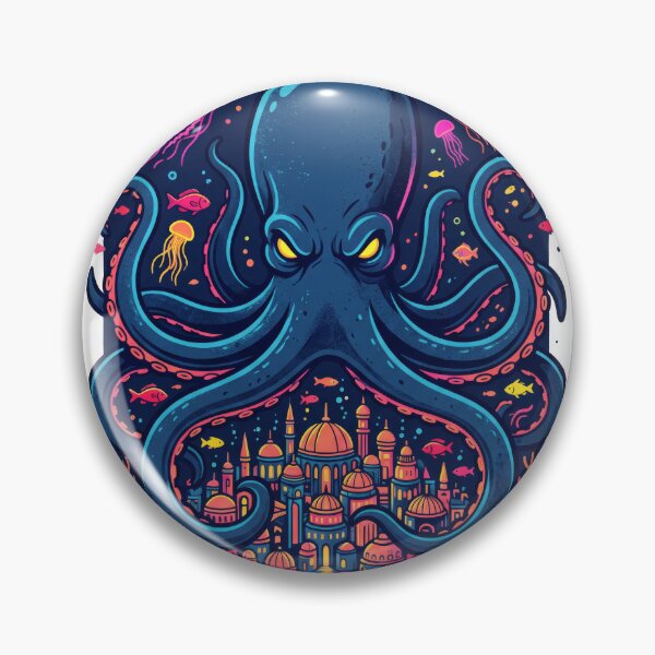 Item preview, Giant Octopus Guarding Underwater Lost City Neon Ocean Art designed and sold by seven things shop.