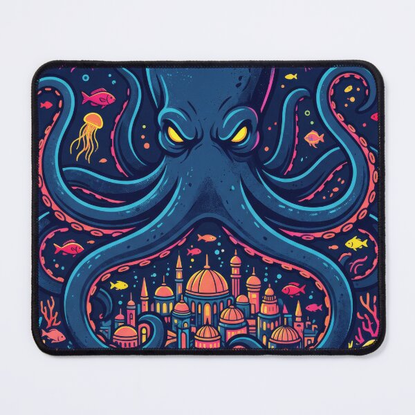 Item preview, Giant Octopus Guarding Underwater Lost City Neon Ocean Art designed and sold by seven things shop.