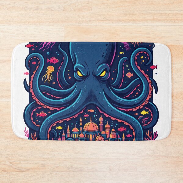 Item preview, Giant Octopus Guarding Underwater Lost City Neon Ocean Art designed and sold by seven things shop.