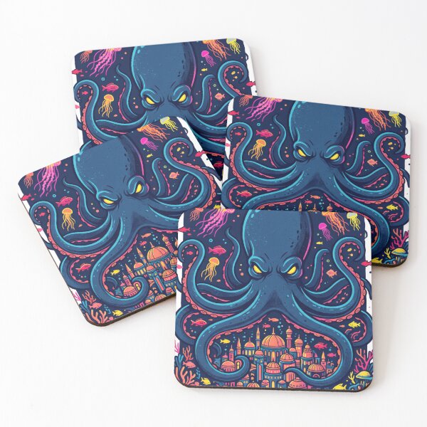 Item preview, Giant Octopus Guarding Underwater Lost City Neon Ocean Art designed and sold by seven things shop.