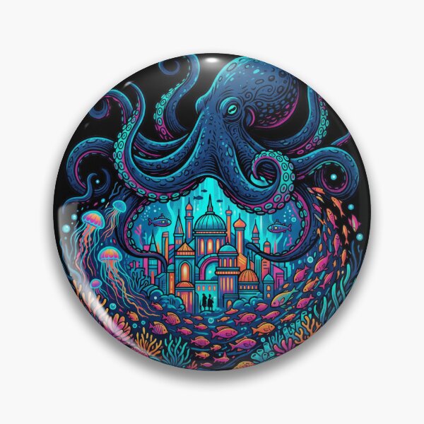 Item preview, Neon Octopus Underwater City Fantasy Ocean World Art designed and sold by seven things shop.