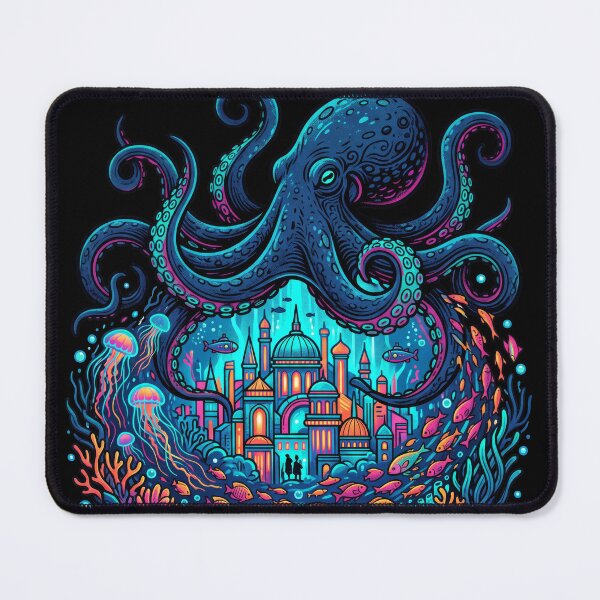 Item preview, Neon Octopus Underwater City Fantasy Ocean World Art designed and sold by seven things shop.