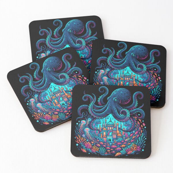 Item preview, Neon Octopus Underwater City Fantasy Ocean World Art designed and sold by seven things shop.