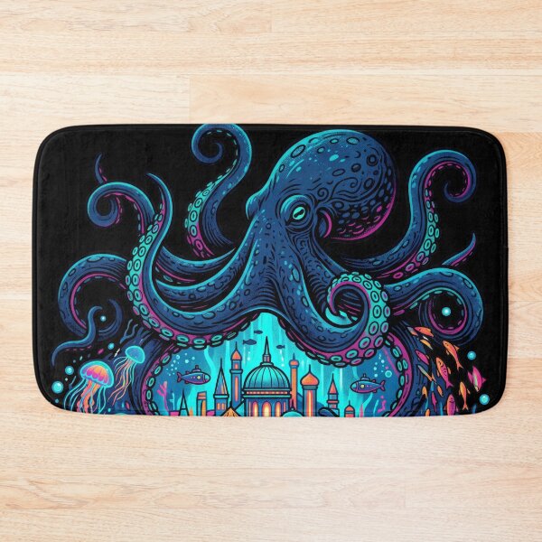 Item preview, Neon Octopus Underwater City Fantasy Ocean World Art designed and sold by seven things shop.