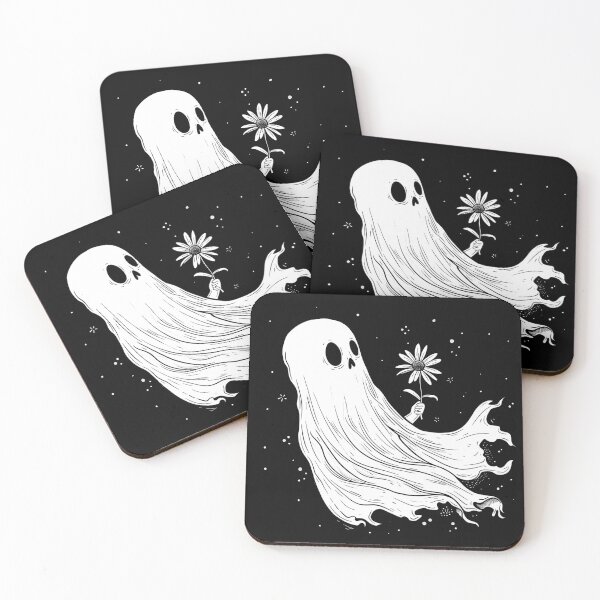 Item preview, Cute Ghost Holding a Daisy Whimsical Spooky Black and White Art designed and sold by inkoutninja.
