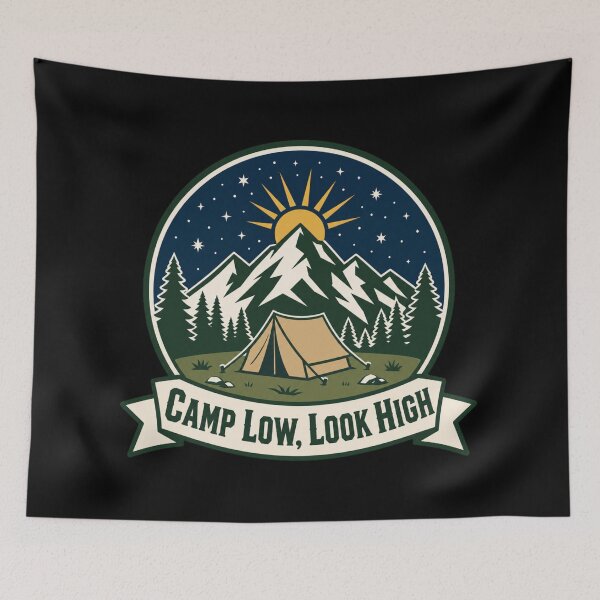 Item preview, Camp Low Look High Vintage Mountain Camping Badge Outdoor Adventure Design designed and sold by EpicInks24.