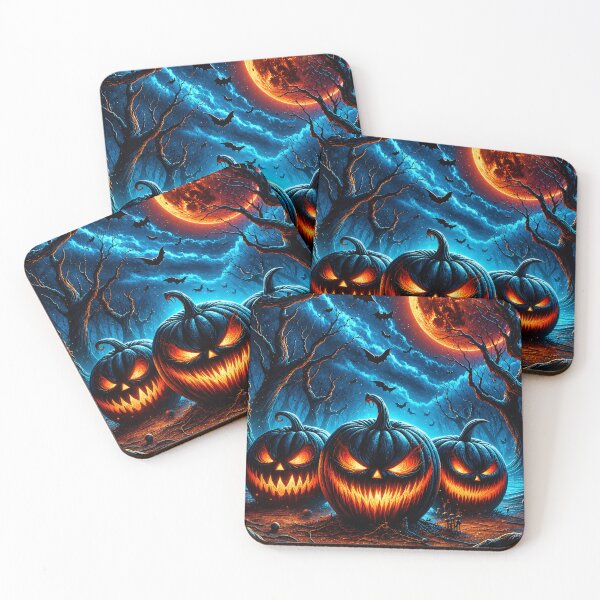 Item preview, Spooky Halloween Pumpkin Trio – Jack O Lanterns Under Blood Moon designed and sold by DrakariArt.