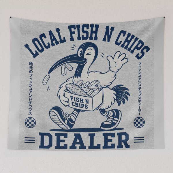 Aperçu de l'œuvre Restaurant local de fish and chips, poulet en vrac, mascotte, style rétro universitaire créée et vendue par Yellowriversss.