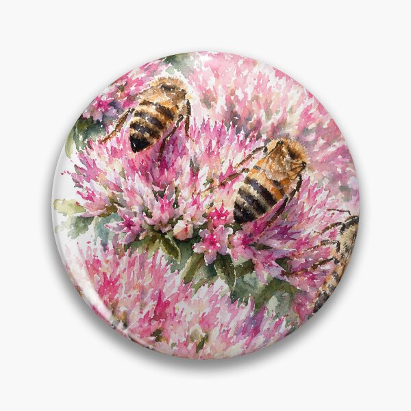 Item preview, Pink Sedum Flowers With Honey Bees Watercolor Botanical Art designed and sold by Shew Gallery.