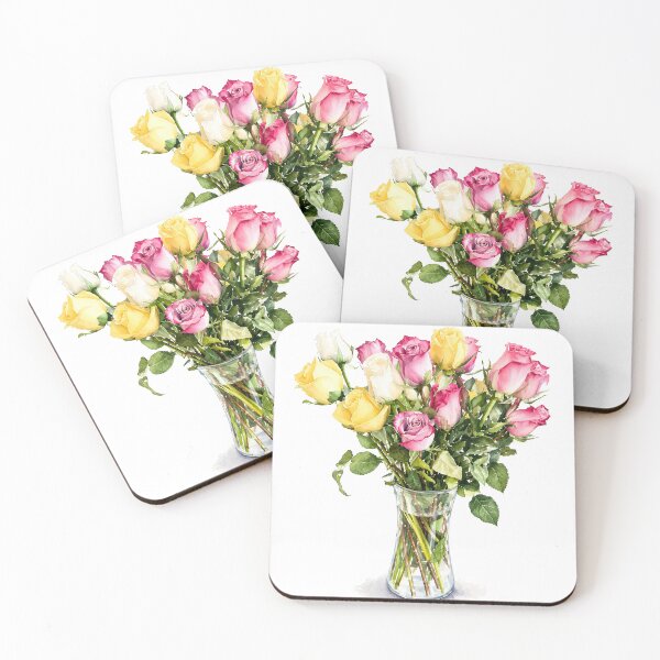 Item preview, Pink Yellow and White Roses Watercolor Floral Bouquet designed and sold by Shew Gallery.