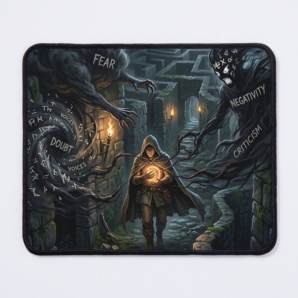 Item preview, Hooded Wanderer In Labyrinth Facing Shadow Demons  designed and sold by Michaelragheb.