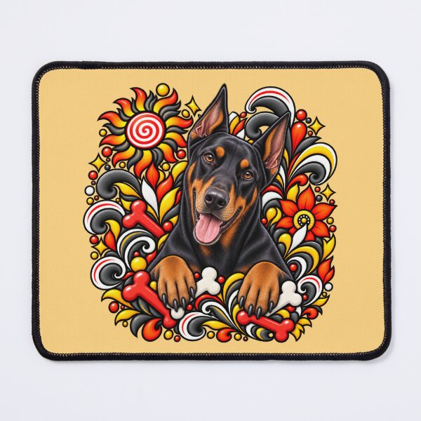 Item preview, Doberman Floral Art - Red Bones & Yellow Swirls designed and sold by PixelsPaws.