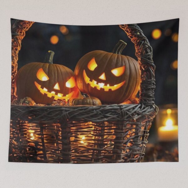 Item preview, Glowing Halloween Pumpkins in Wicker Basket — Spooky Night Leaves & Lights designed and sold by LYAN-STORE.