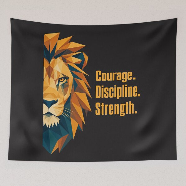 Item preview, Geometric Lion Poly Art Courage Discipline Strength Motivational Quote designed and sold by Bennie Singh.
