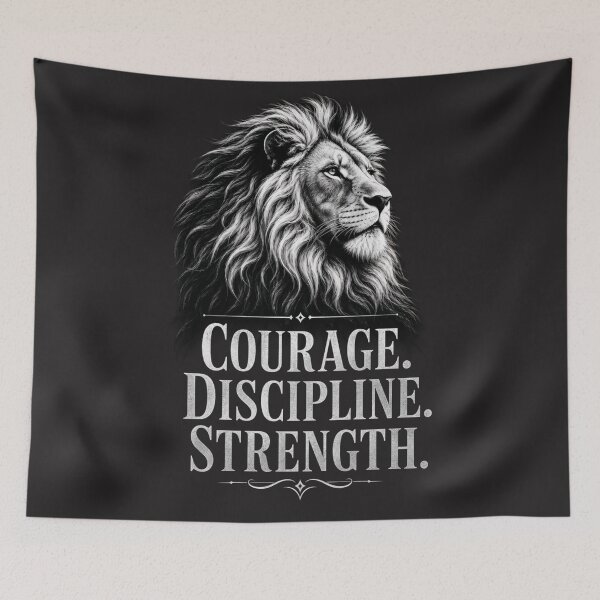 Item preview, Black and White Lion Courage Discipline Strength Motivational Quote designed and sold by Bennie Singh.