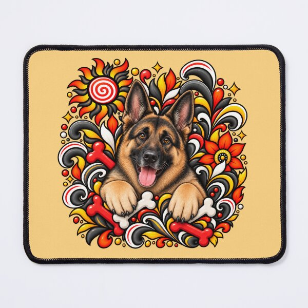 Item preview, German Shepherd Floral Art - Red Bones & Yellow Swirls designed and sold by PixelsPaws.