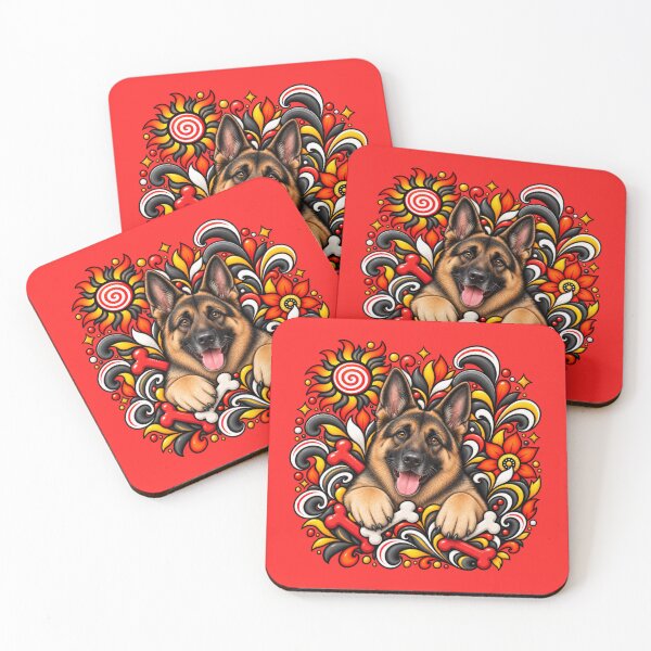 Item preview, German Shepherd Floral Art - Red Bones & Yellow Swirls designed and sold by PixelsPaws.