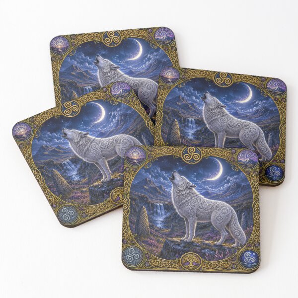 Item preview, Celtic Moon Wolf – Mystical White Wolf Under a Crescent Moon designed and sold by thewandswant.
