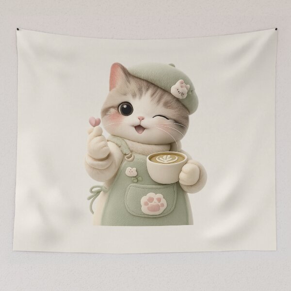 Item preview, Kawaii Cat Barista Matcha Latte finger heart | Cute Cafe Aesthetic designed and sold by Moons Studio.