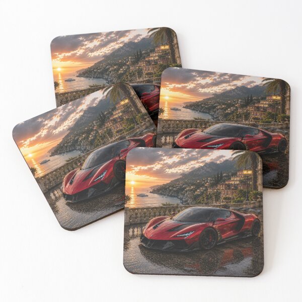 Item preview, Red Supercar at Mediterranean Sunset – Luxury Coastal Drive designed and sold by ZYVARENNE.
