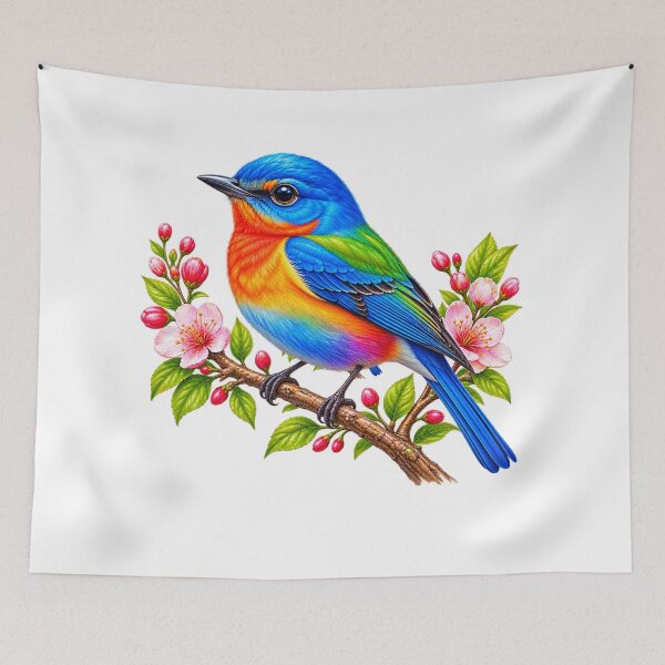 Item preview, Colorful Bird on Japanese Sakura Branch - Japanese Cherry Blossom Art designed and sold by CzipipitoStudio.