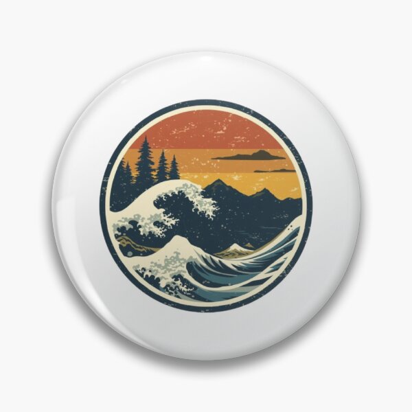 Item preview, Vintage Retro Great Wave Sunset Mountain Badge designed and sold by ByKayaPrints.