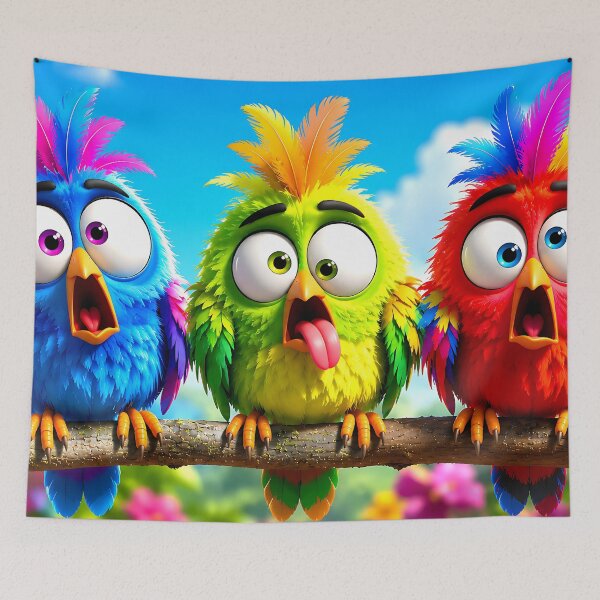 Item preview, Funny Silly Birds 3D – Colorful Goofy Birds on a Branch designed and sold by ToxicInkArt.