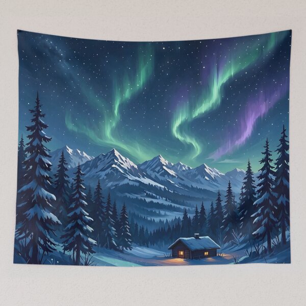 Item preview, Aurora Borealis Northern Lights Snowy Cabin Mountain designed and sold by Herodestroyer.