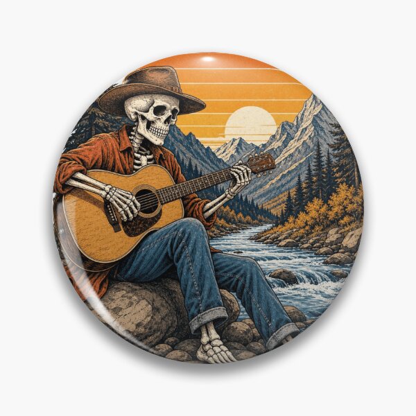 Item preview, Retro Skeleton Playing Acoustic Guitar Mountain River Sunset designed and sold by Retro Surf & Roam.