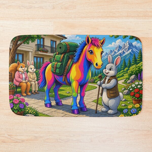 Item preview, Cute Rainbow Horse Hiking with Backpack and Animal Friends Pop Art - Tugy designed and sold by Breezes-of-Ida.