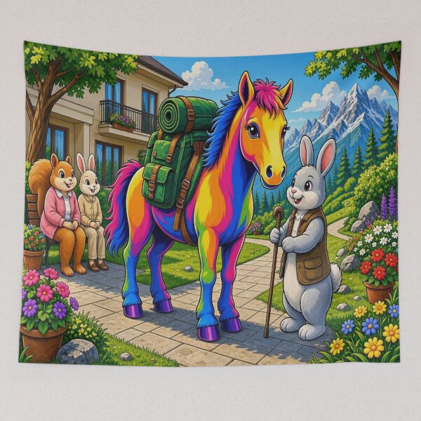 Item preview, Cute Rainbow Horse Hiking with Backpack and Animal Friends Pop Art - Tugy designed and sold by Breezes-of-Ida.