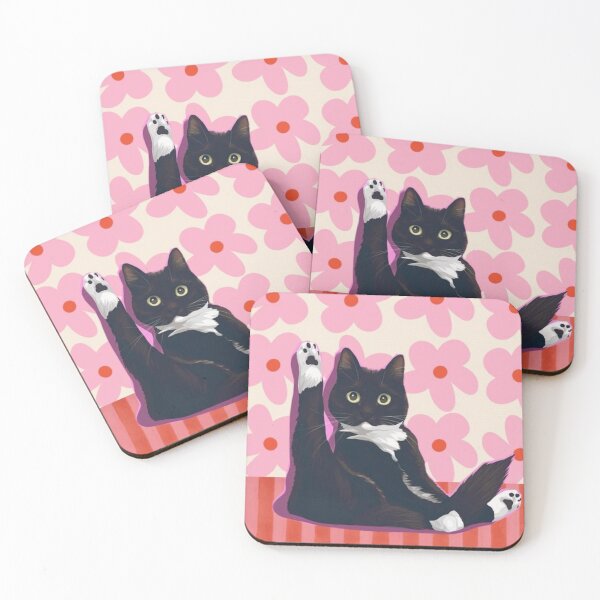 Item preview, Funny Tuxedo Cat Leg Up Retro Pink Floral Art designed and sold by cezzarie.