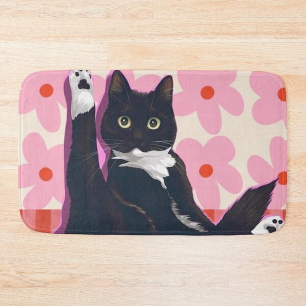 Item preview, Funny Tuxedo Cat Leg Up Retro Pink Floral Art designed and sold by cezzarie.