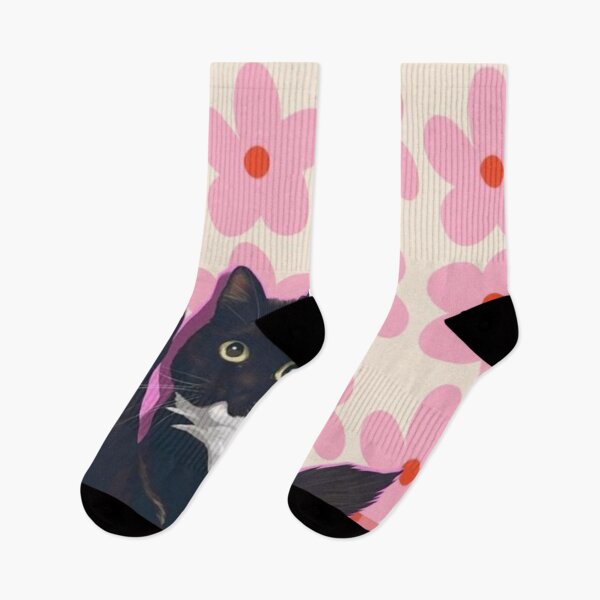 Item preview, Funny Tuxedo Cat Leg Up Retro Pink Floral Art designed and sold by cezzarie.