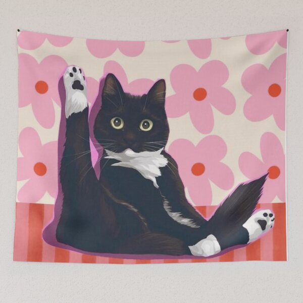 Item preview, Funny Tuxedo Cat Leg Up Retro Pink Floral Art designed and sold by cezzarie.