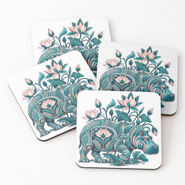 Item preview, Faience Hippo - Floral Artefacts | Egyptian Blue Hippo Art | Taweret Goddess Illustration | Sacred Lotus Flower  designed and sold by GulfSignature.