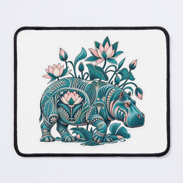 Item preview, Faience Hippo - Floral Artefacts | Egyptian Blue Hippo Art | Taweret Goddess Illustration | Sacred Lotus Flower designed and sold by GulfSignature.