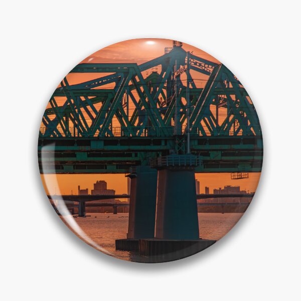 Item preview, Truss Bridge Silhouette Over Golden Sunset River designed and sold by Nightwindow.
