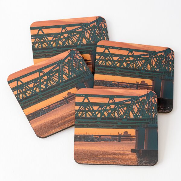 Item preview, Truss Bridge Silhouette Over Golden Sunset River designed and sold by Nightwindow.