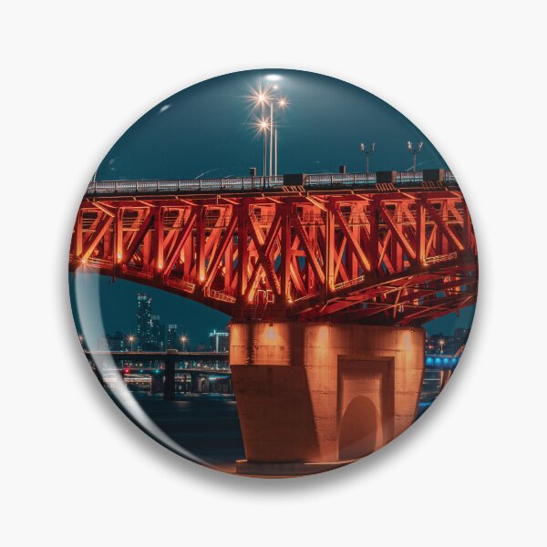 Item preview, Illuminated Red Steel Bridge Over Night River designed and sold by Nightwindow.