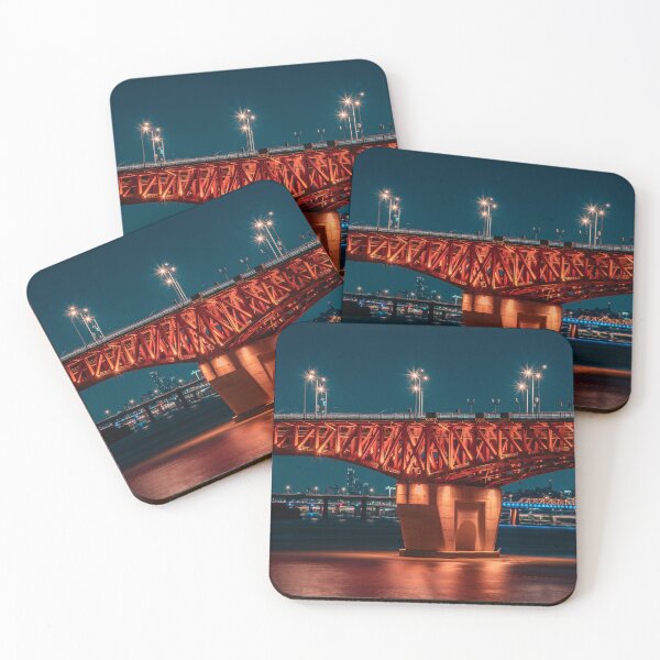 Item preview, Illuminated Red Steel Bridge Over Night River designed and sold by Nightwindow.