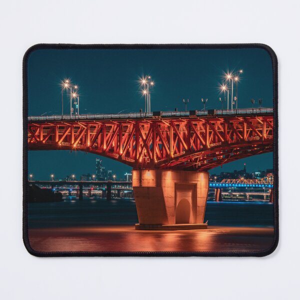 Item preview, Illuminated Red Steel Bridge Over Night River designed and sold by Nightwindow.