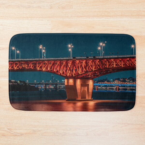 Item preview, Illuminated Red Steel Bridge Over Night River designed and sold by Nightwindow.